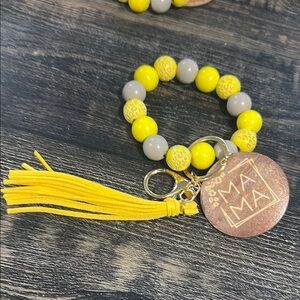 Mama Wooden Beaded Bracelet Keychain with Tassel & Thick Charm Yellow